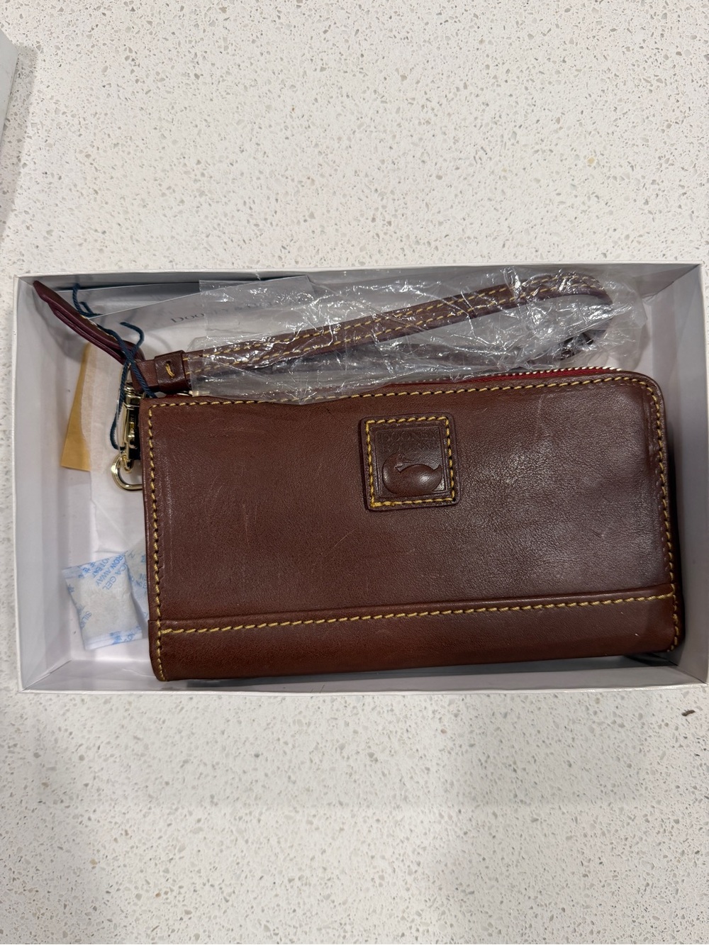 Dooney & Bourke Brown Leather Zip Wristlet with Contrast Stitching